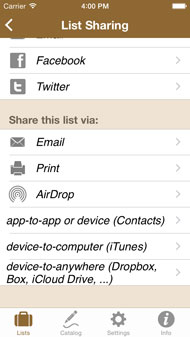 List Sharing via AirDrop, Email, Dropbox, Box, iCloud Drive, Contact and print-out