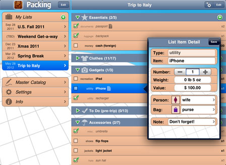 Home menu and packing list