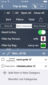 Packing list filtering options