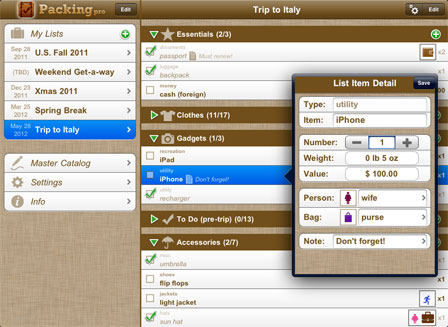 Home menu and packing list