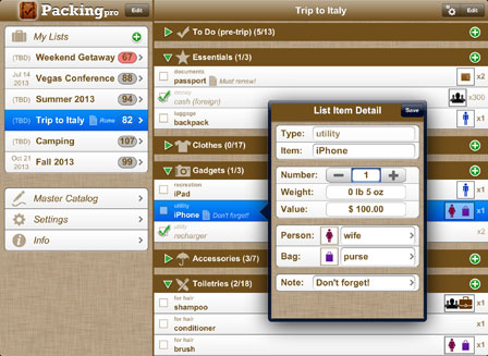 Home menu and packing list