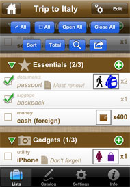 Packing list and tool bar